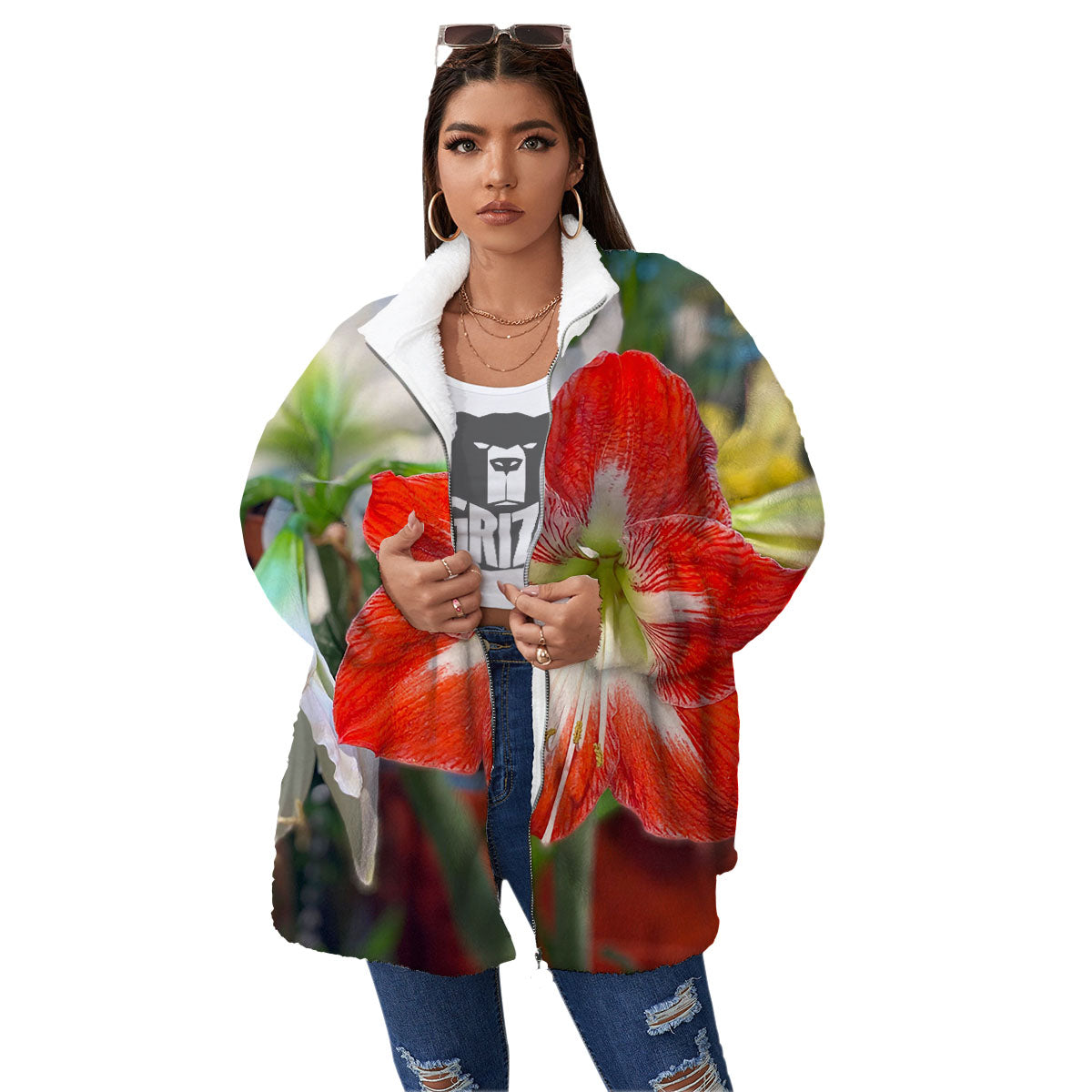 Amaryllis White And Red Print Women's Sherpa Jacket-grizzshop