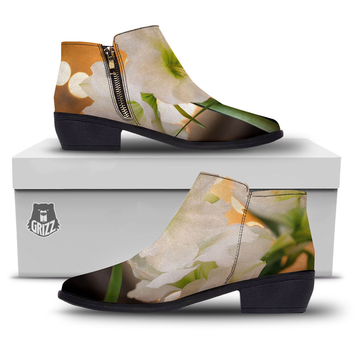 Amaryllis White Print Ankle Boots-grizzshop