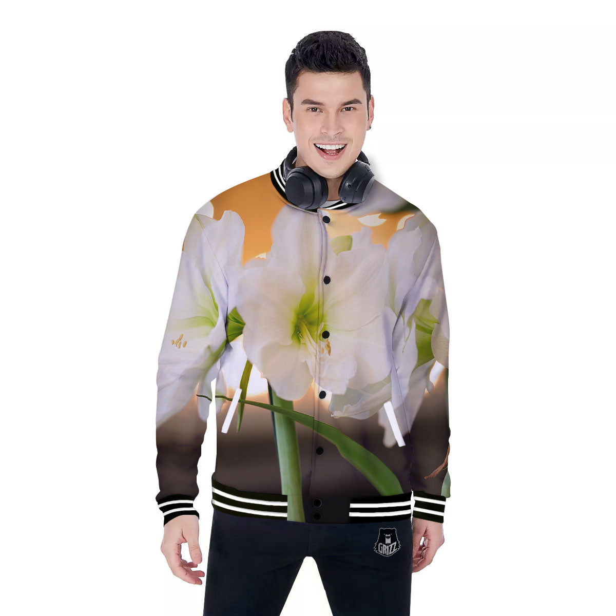 Amaryllis White Print Baseball Jacket-grizzshop