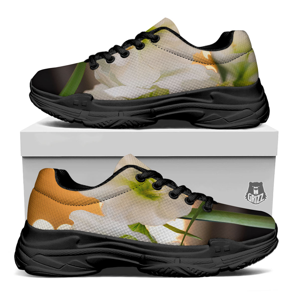 Amaryllis White Print Black Chunky Shoes-grizzshop