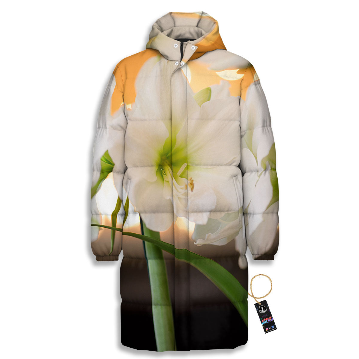 Amaryllis White Print Long Down Jacket-grizzshop