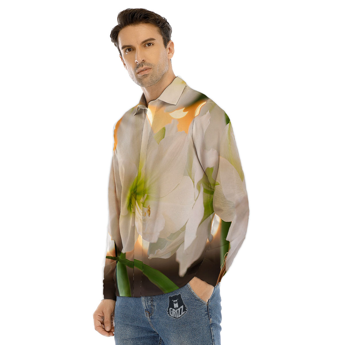 Amaryllis White Print Men's Dress Shirts-grizzshop