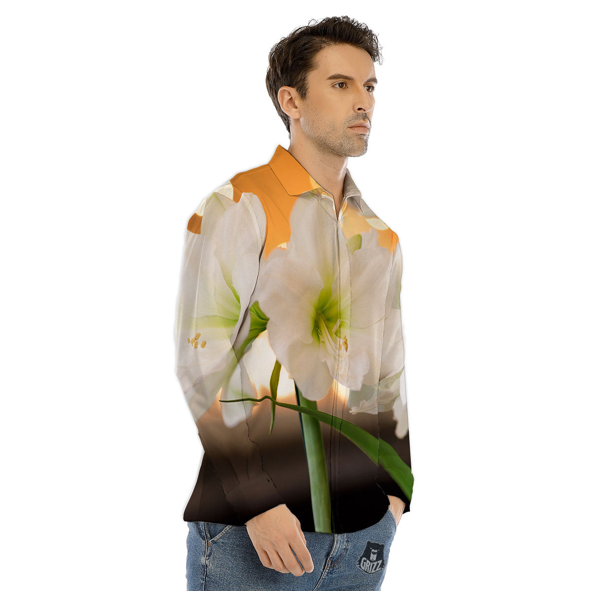 Amaryllis White Print Men's Dress Shirts-grizzshop