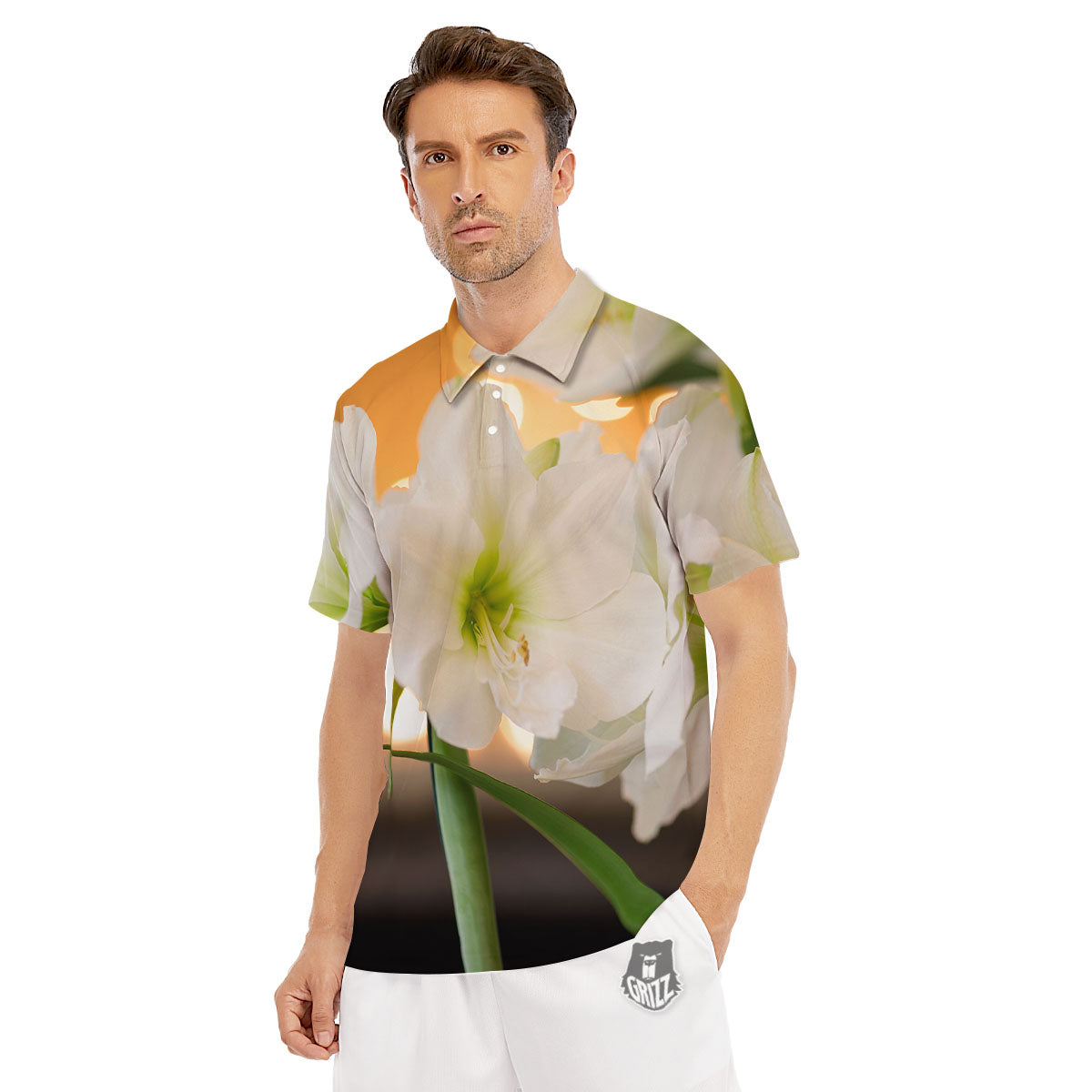 Amaryllis White Print Men's Golf Shirts-grizzshop