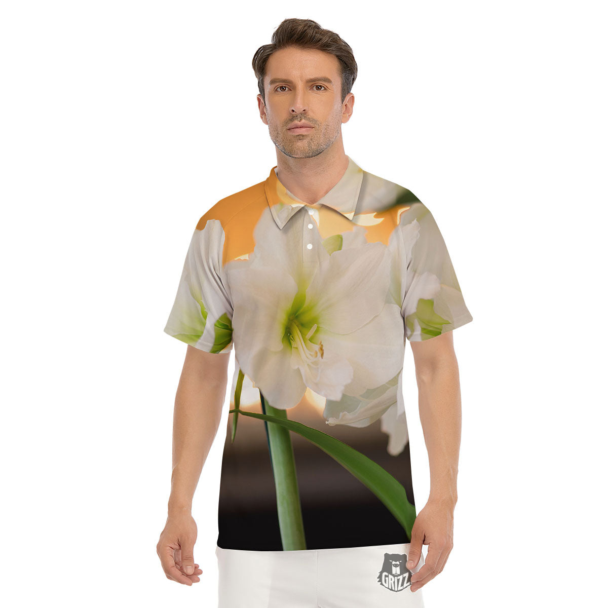 Amaryllis White Print Men's Golf Shirts-grizzshop