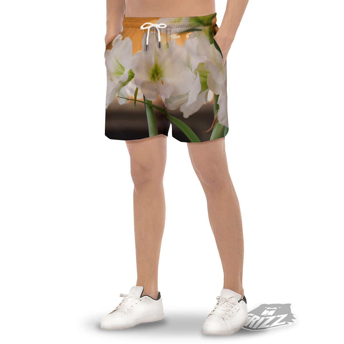 Amaryllis White Print Men's Gym Shorts-grizzshop