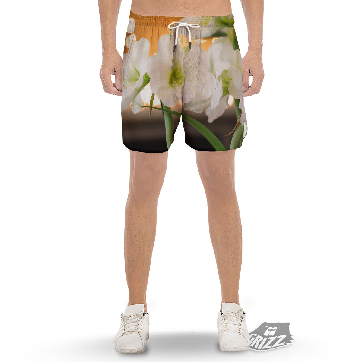 Amaryllis White Print Men's Gym Shorts-grizzshop