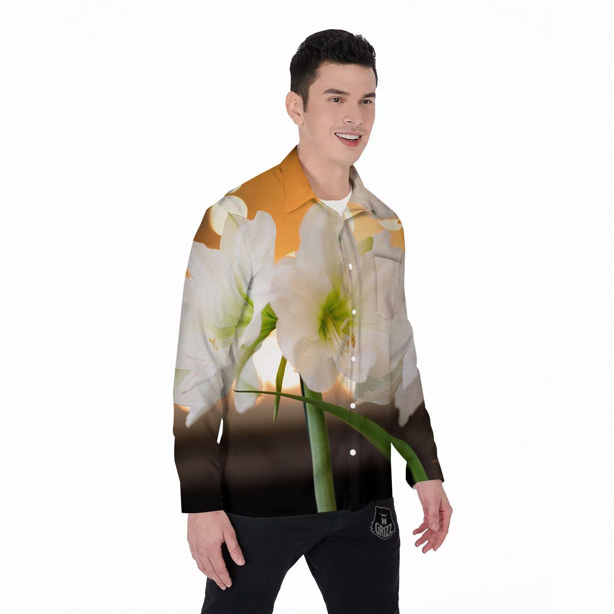 Amaryllis White Print Men's Long Sleeve Shirts-grizzshop
