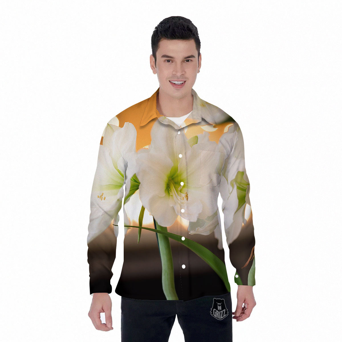 Amaryllis White Print Men's Long Sleeve Shirts-grizzshop