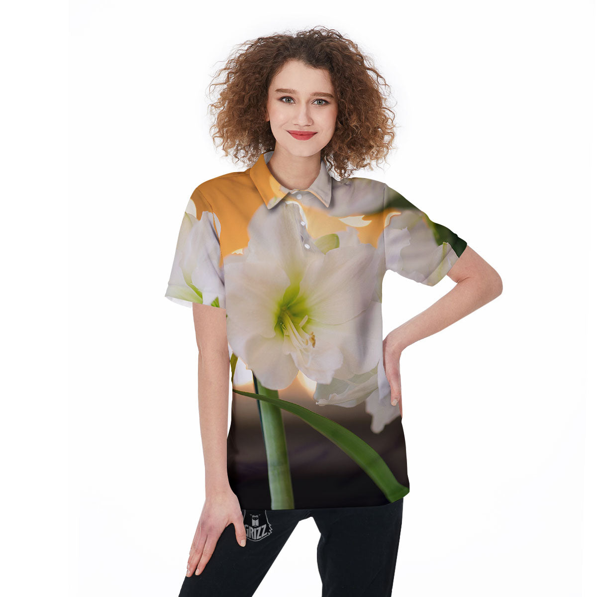 Amaryllis White Print Women's Golf Shirts-grizzshop
