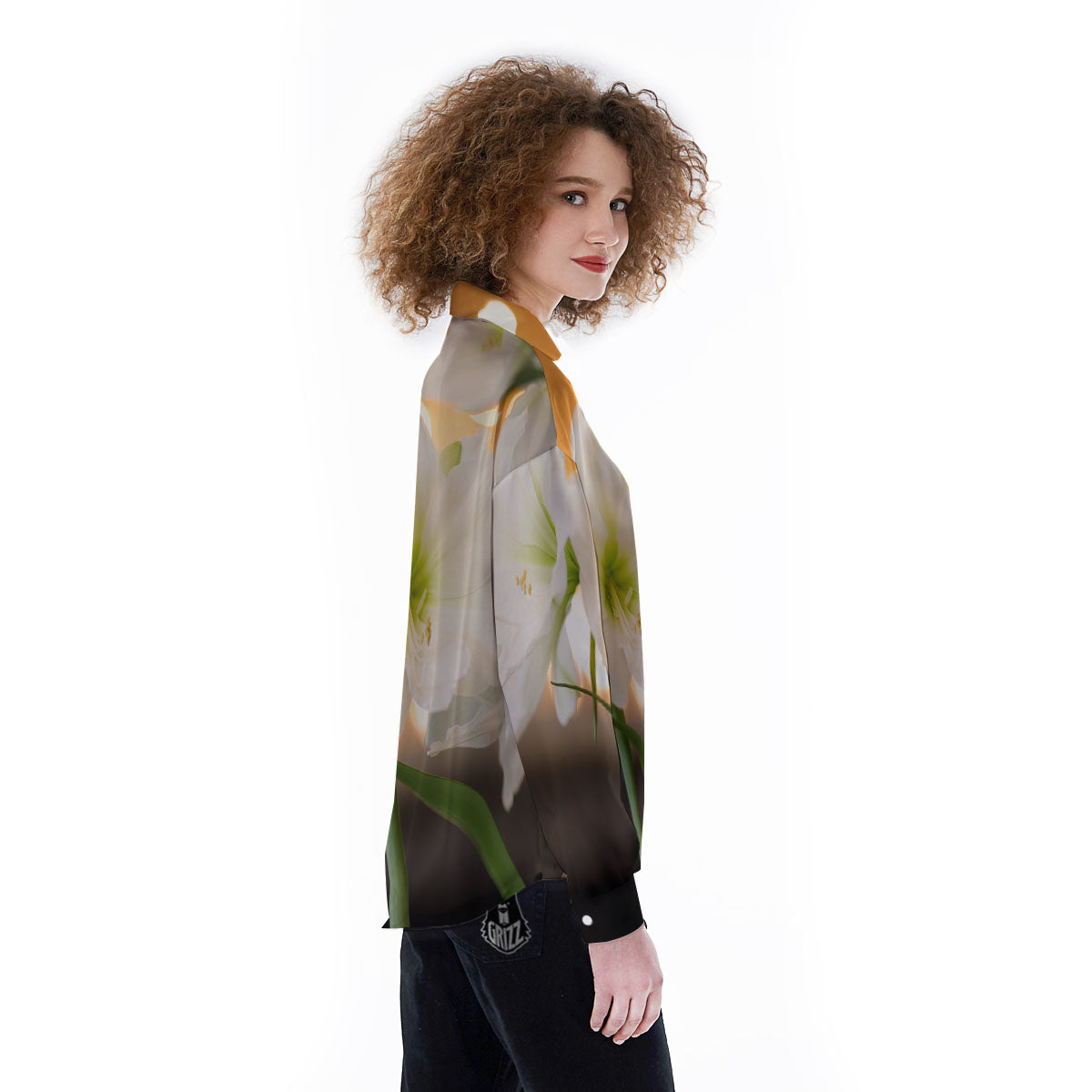 Amaryllis White Print Women's Long Sleeve Shirts-grizzshop