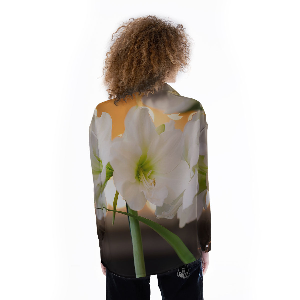 Amaryllis White Print Women's Long Sleeve Shirts-grizzshop