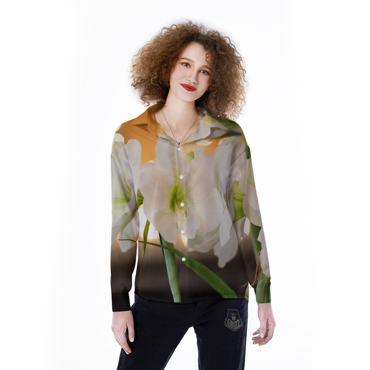 Amaryllis White Print Women's Long Sleeve Shirts-grizzshop