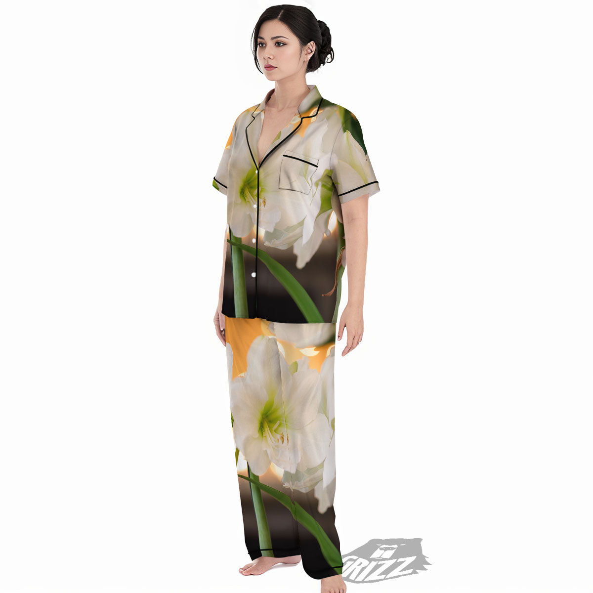 Amaryllis White Print Women's Pajamas Set-grizzshop