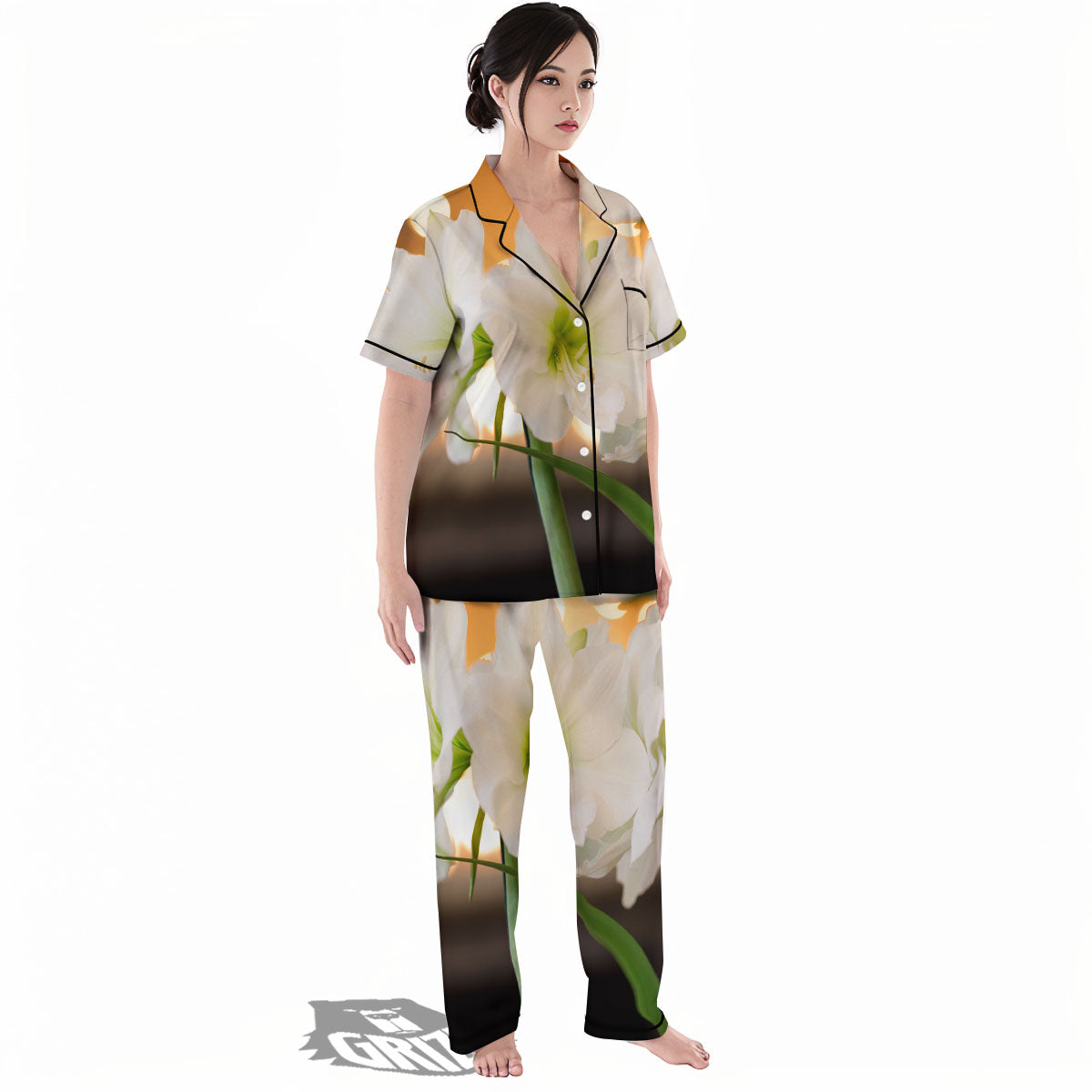 Amaryllis White Print Women's Pajamas Set-grizzshop
