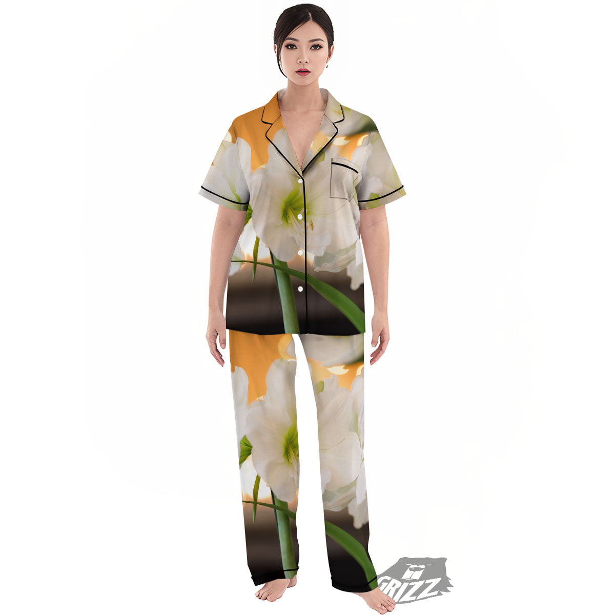 Amaryllis White Print Women's Pajamas Set-grizzshop