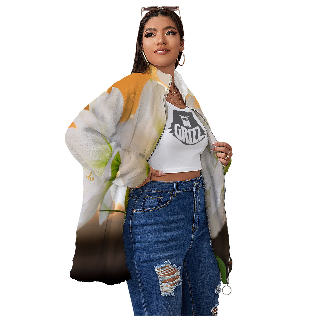 Amaryllis White Print Women's Sherpa Jacket-grizzshop