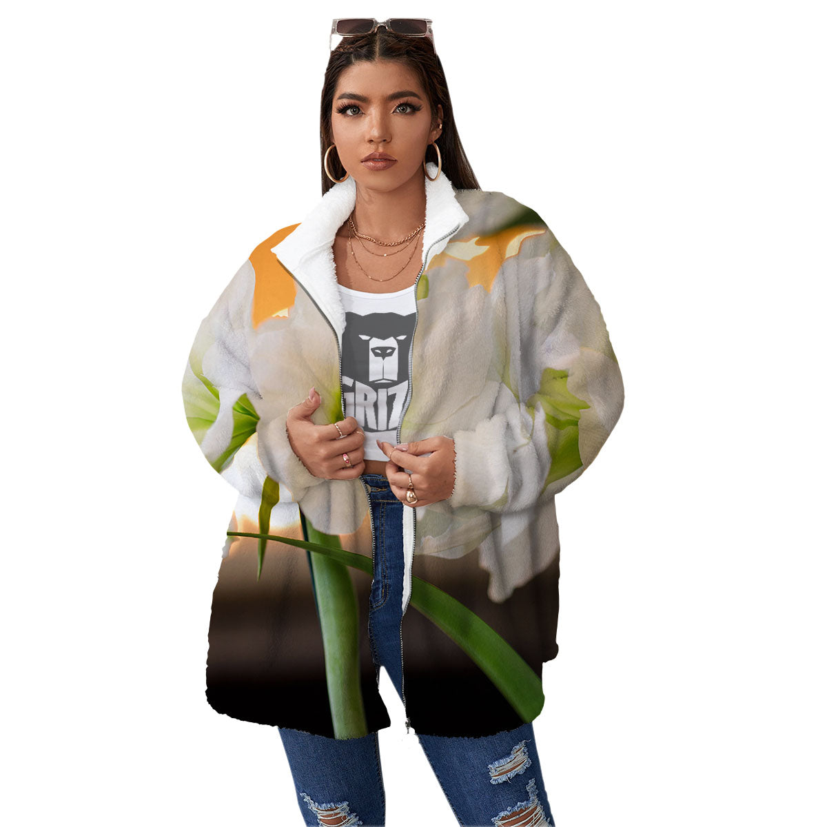 Amaryllis White Print Women's Sherpa Jacket-grizzshop