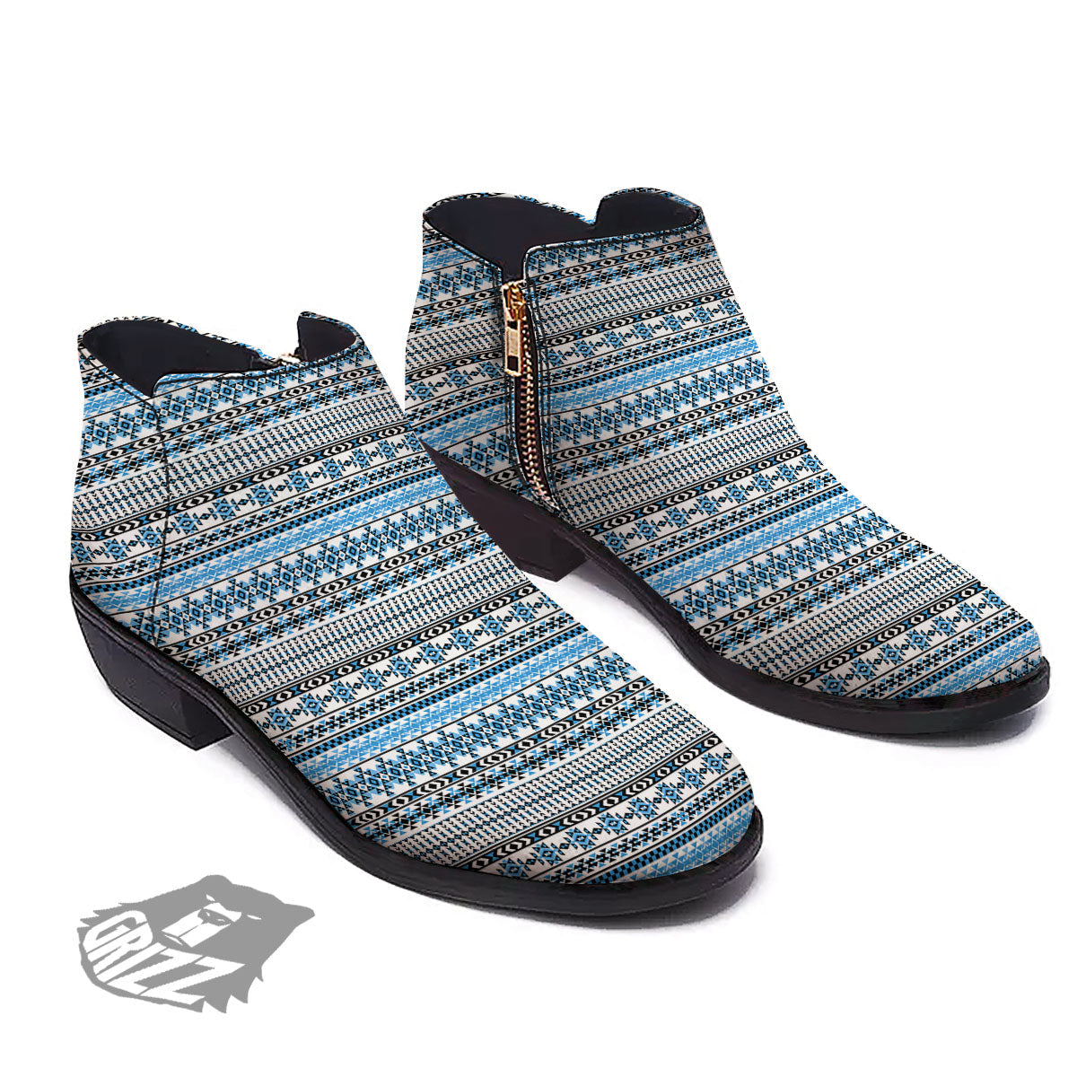 American Aztec Blue Native Print Pattern Ankle Boots-grizzshop
