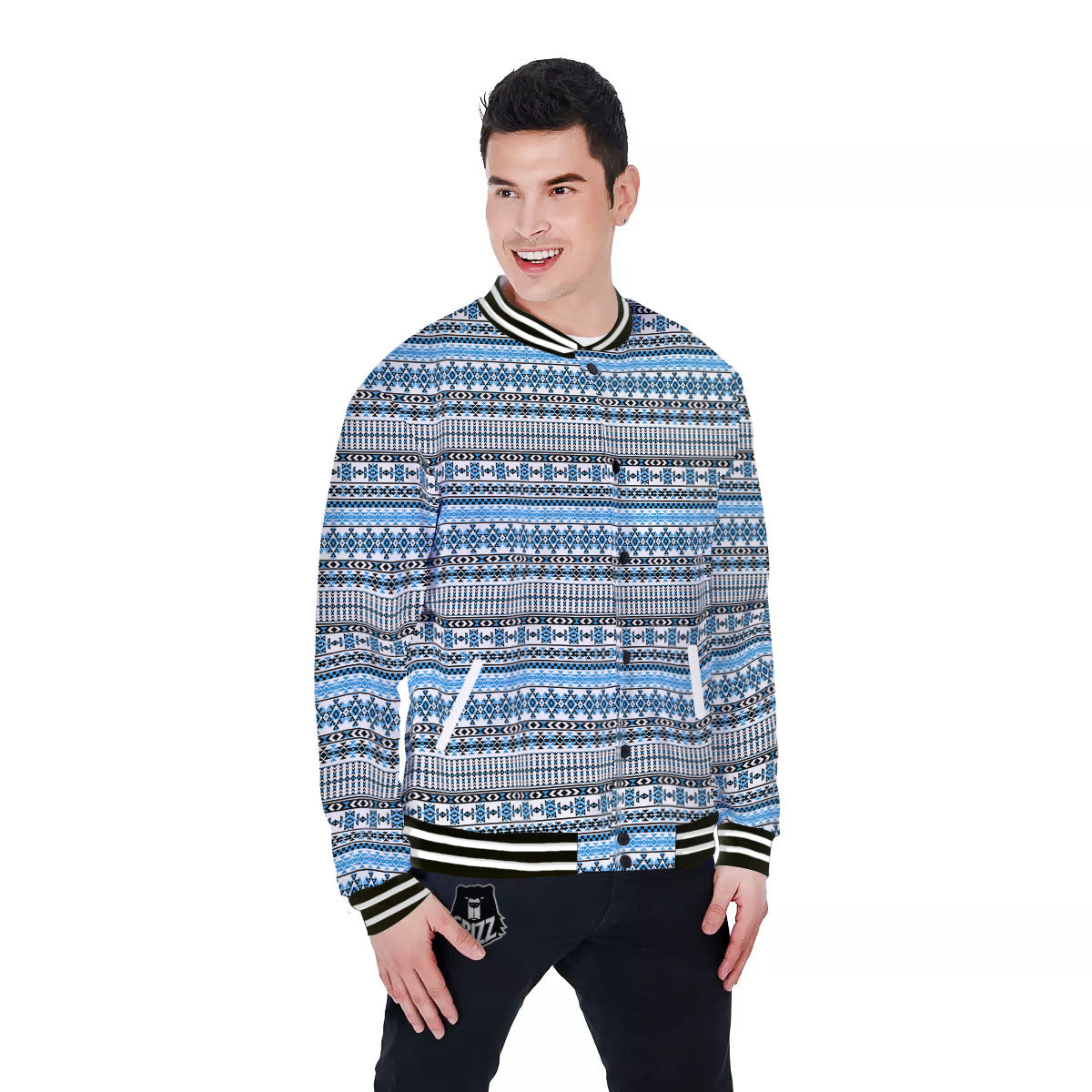 American Aztec Blue Native Print Pattern Baseball Jacket-grizzshop
