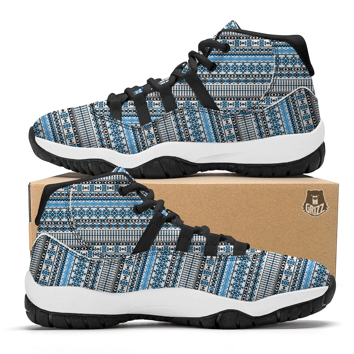 American Aztec Blue Native Print Pattern Black Bball Shoes-grizzshop