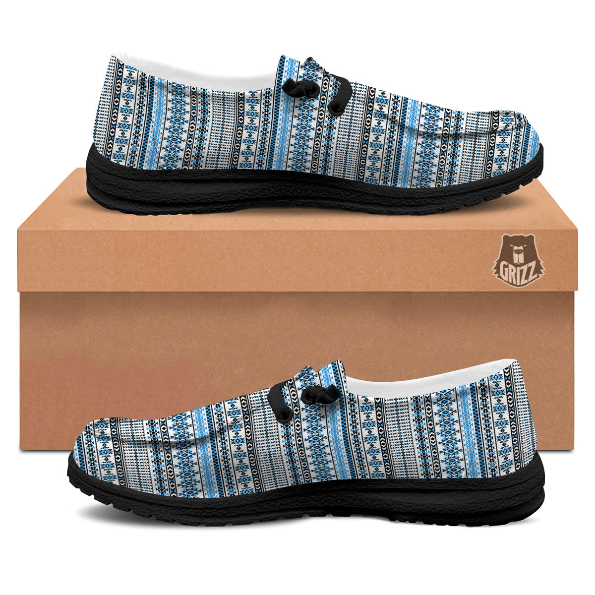 American Aztec Blue Native Print Pattern Black Loafers-grizzshop