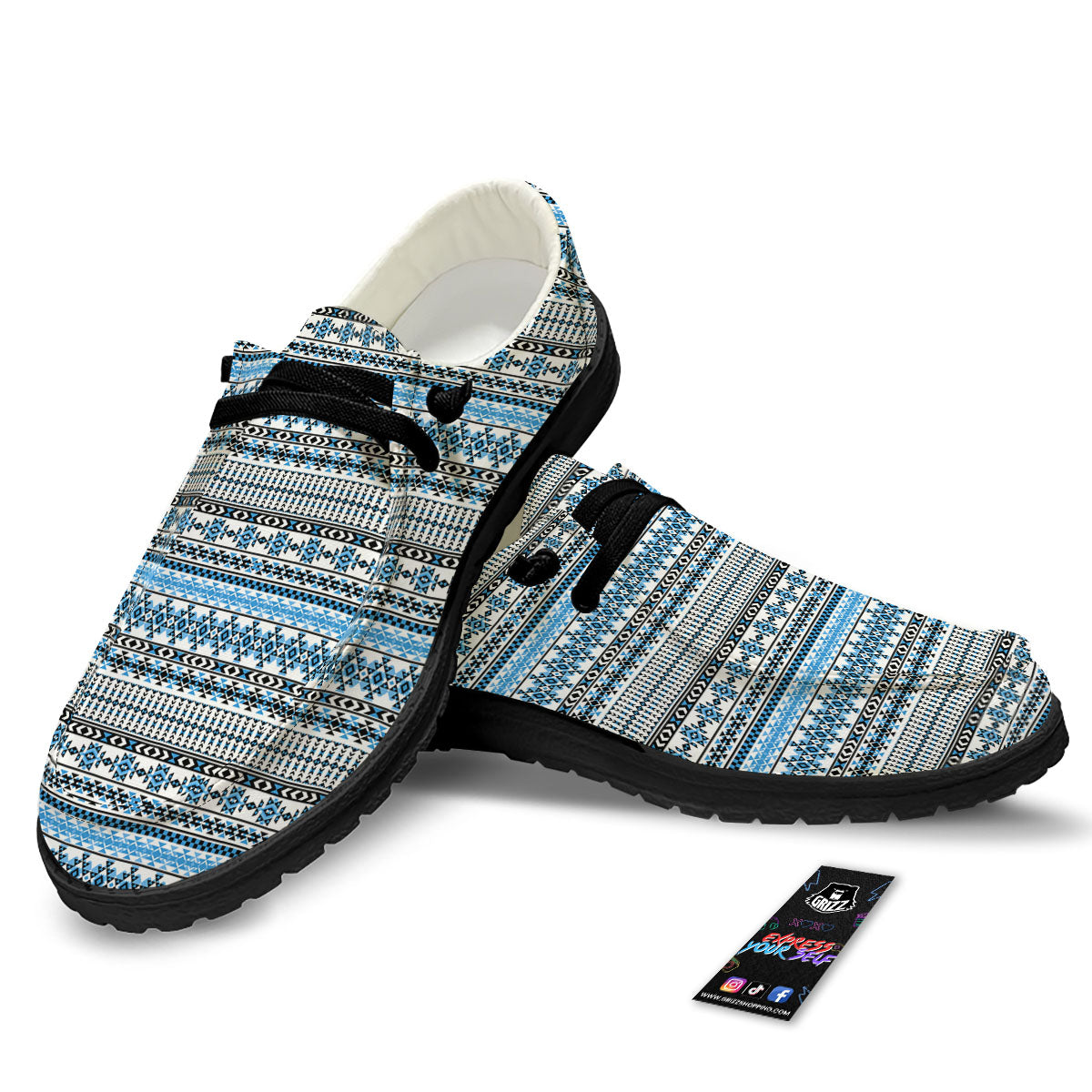 American Aztec Blue Native Print Pattern Black Loafers-grizzshop