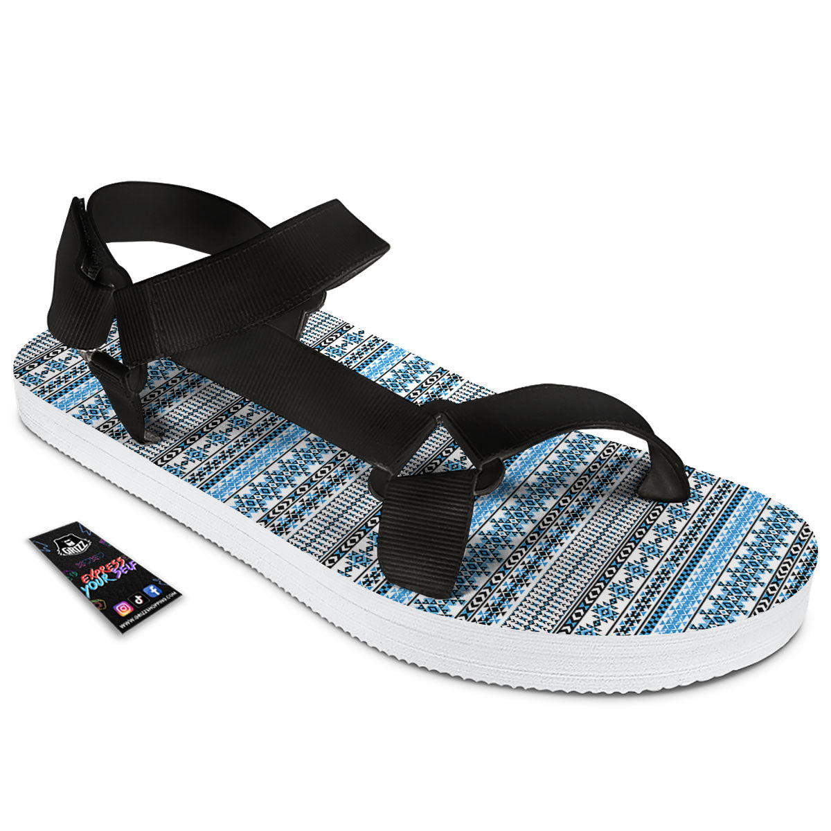 American Aztec Blue Native Print Pattern Black Open Toe Sandals-grizzshop