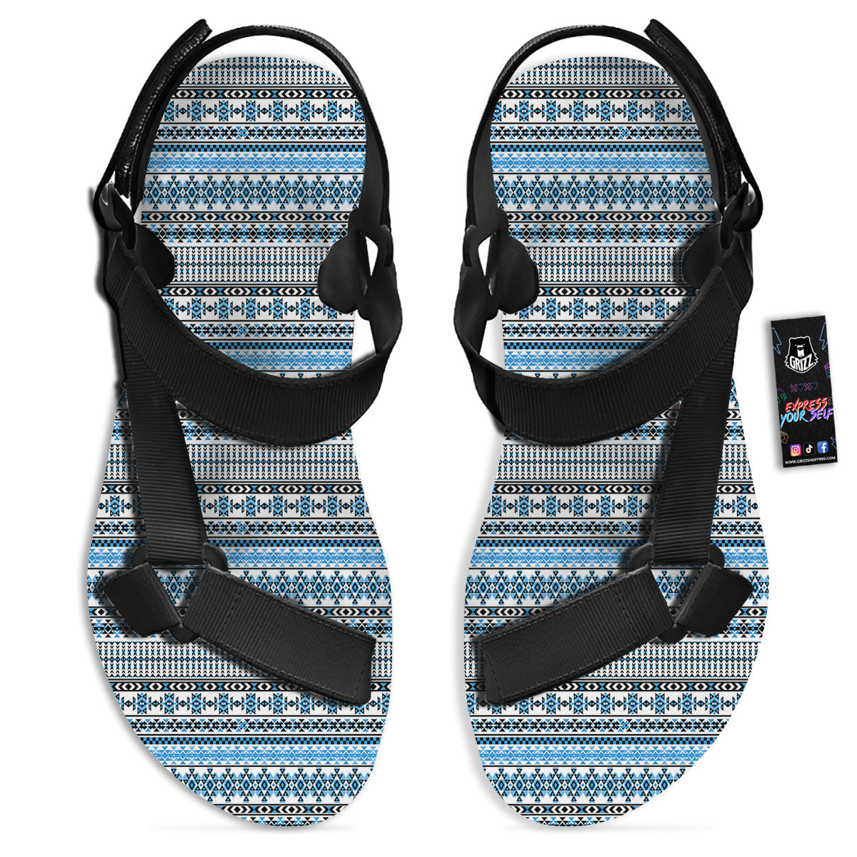 American Aztec Blue Native Print Pattern Black Open Toe Sandals-grizzshop