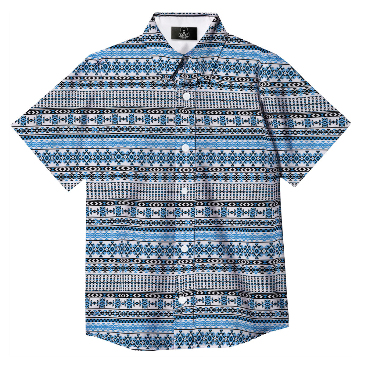 American Aztec Blue Native Print Pattern Button Up Shirt-grizzshop