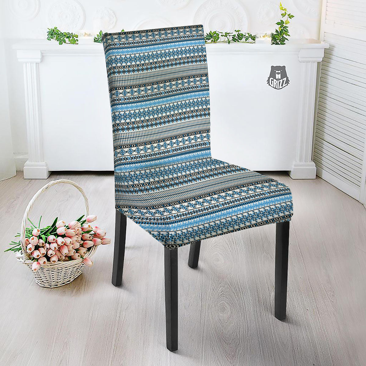 American Aztec Blue Native Print Pattern Dining Chair Slipcover-grizzshop