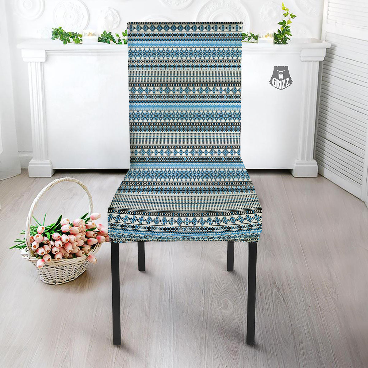 American Aztec Blue Native Print Pattern Dining Chair Slipcover-grizzshop