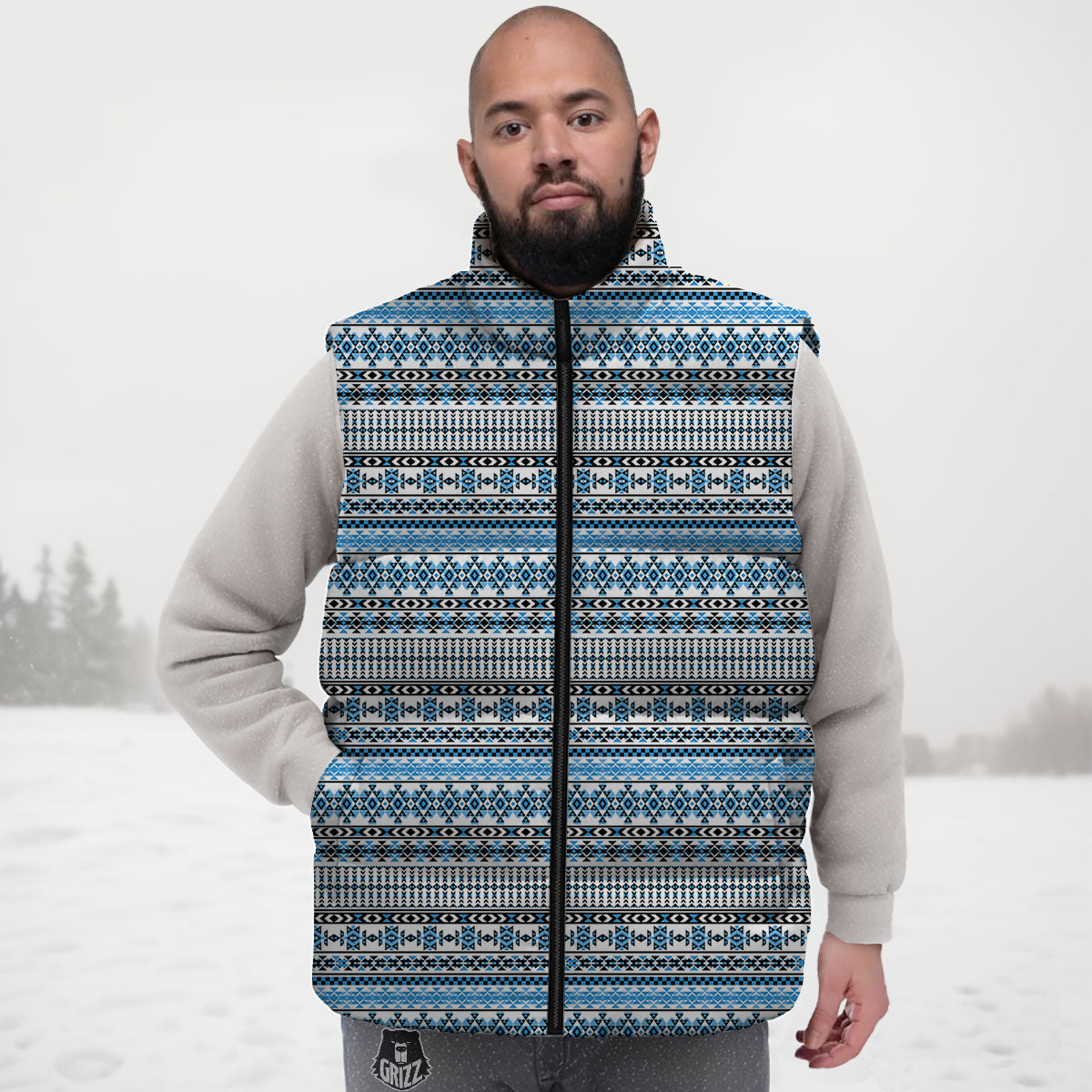 American Aztec Blue Native Print Pattern Down Vest