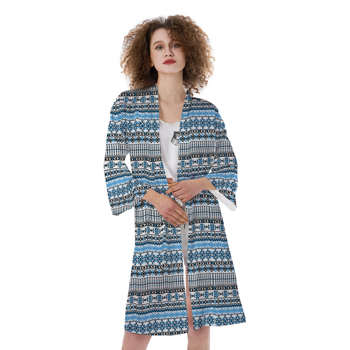 American Aztec Blue Native Print Pattern Kimono-grizzshop