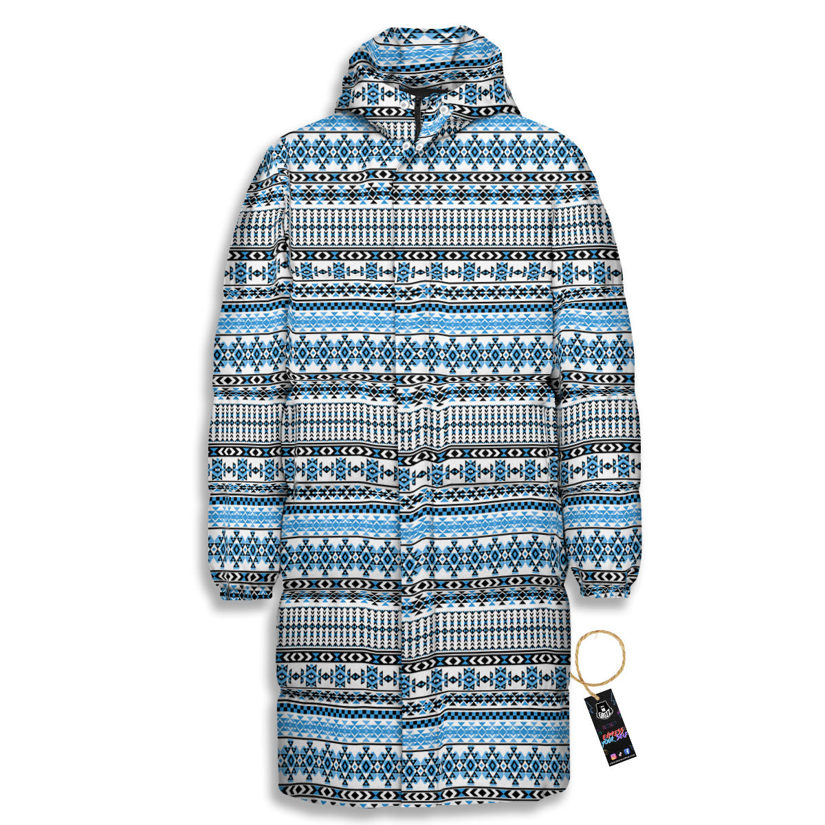 American Aztec Blue Native Print Pattern Long Down Jacket-grizzshop
