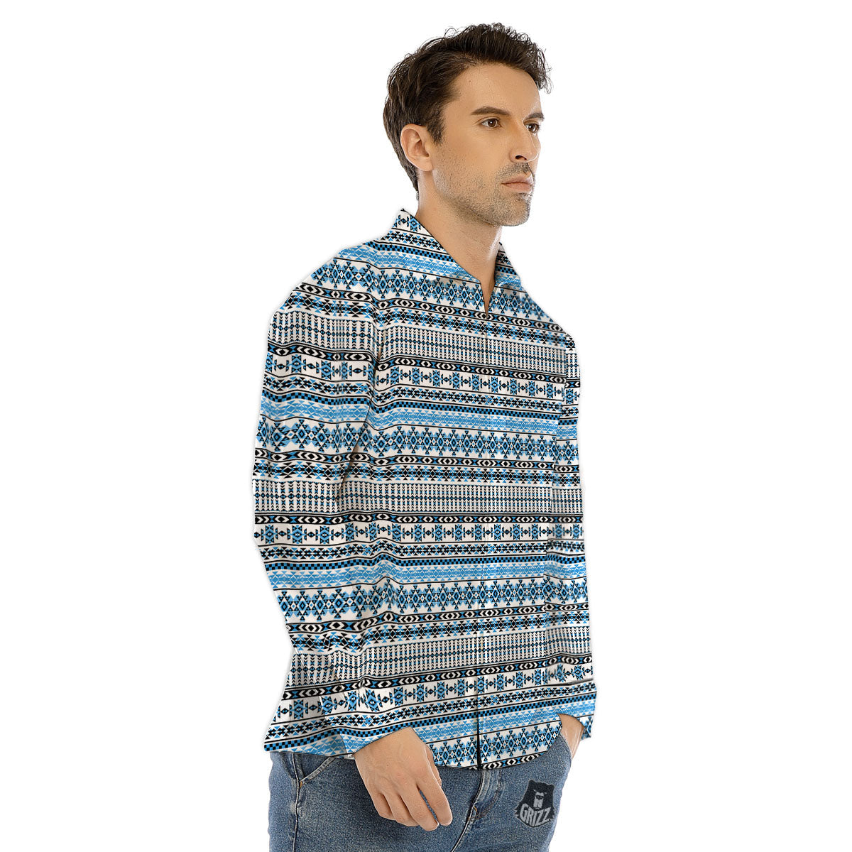 American Aztec Blue Native Print Pattern Men's Dress Shirts-grizzshop