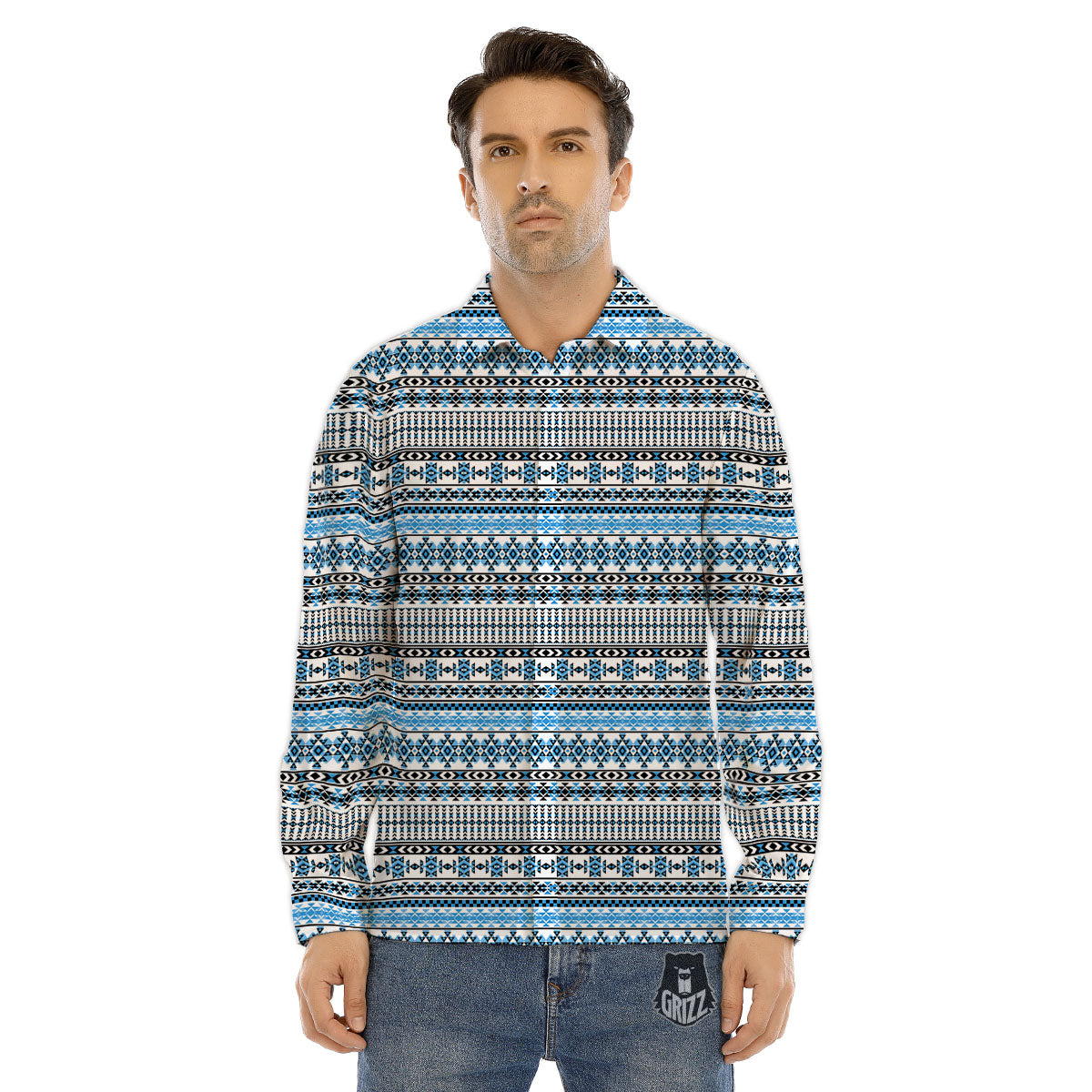 American Aztec Blue Native Print Pattern Men's Dress Shirts-grizzshop