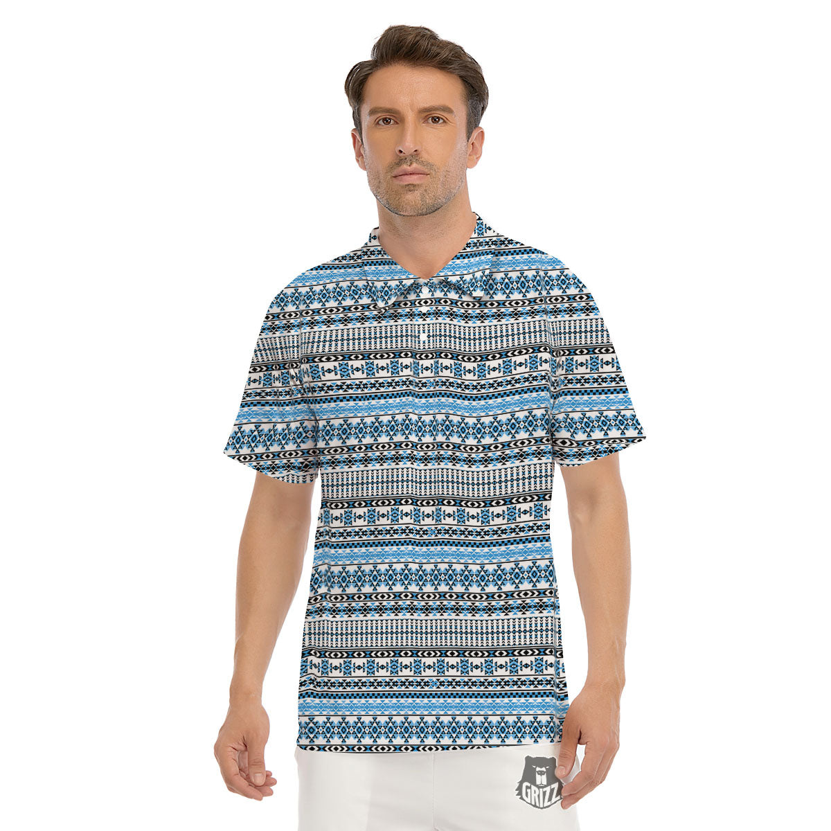 American Aztec Blue Native Print Pattern Men's Golf Shirts-grizzshop