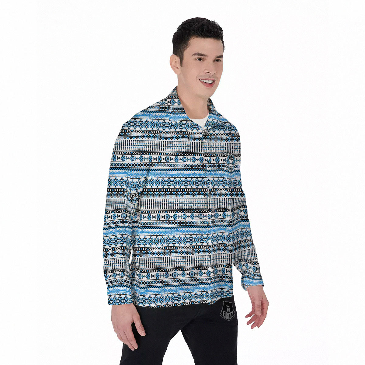 American Aztec Blue Native Print Pattern Men's Long Sleeve Shirts-grizzshop