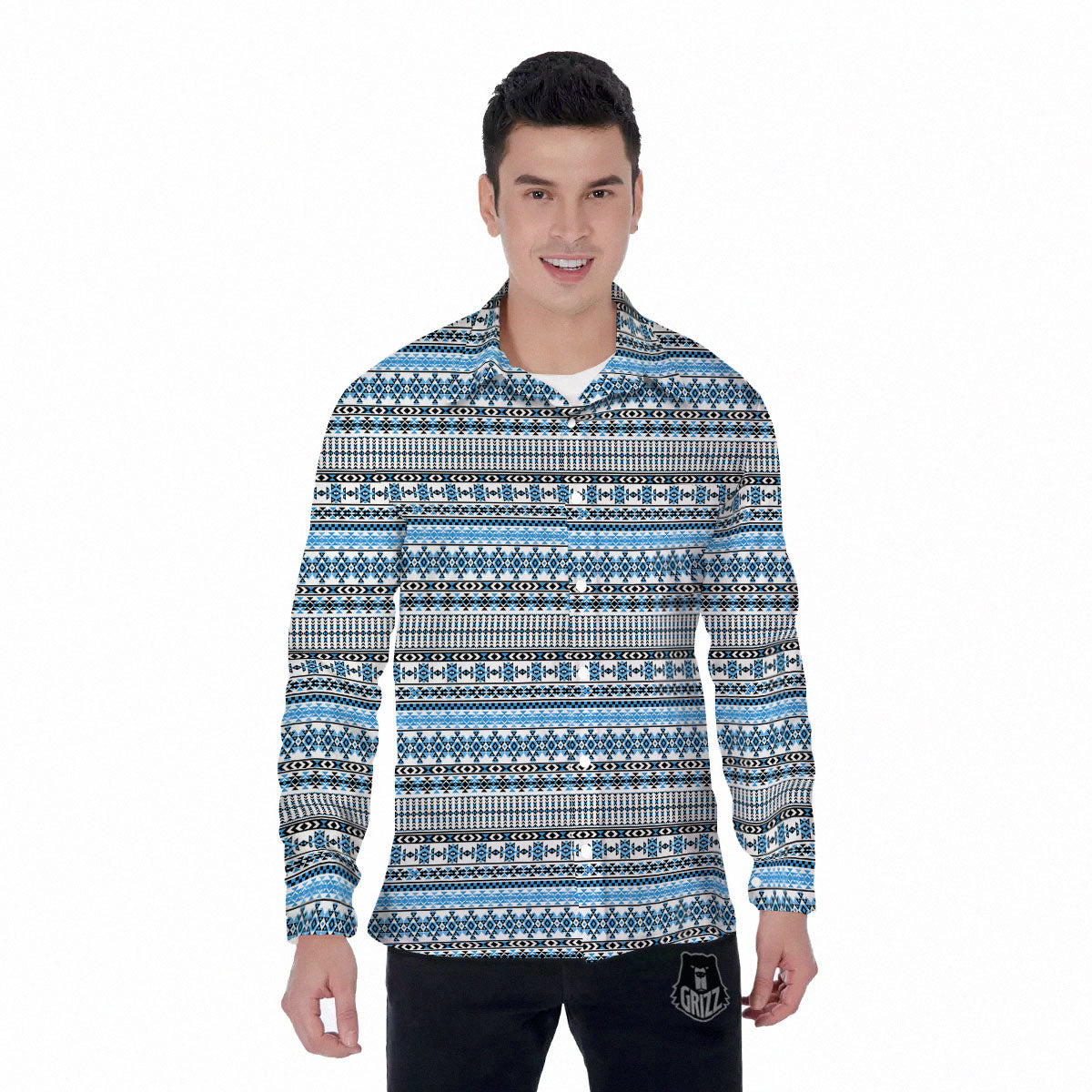 American Aztec Blue Native Print Pattern Men's Long Sleeve Shirts-grizzshop