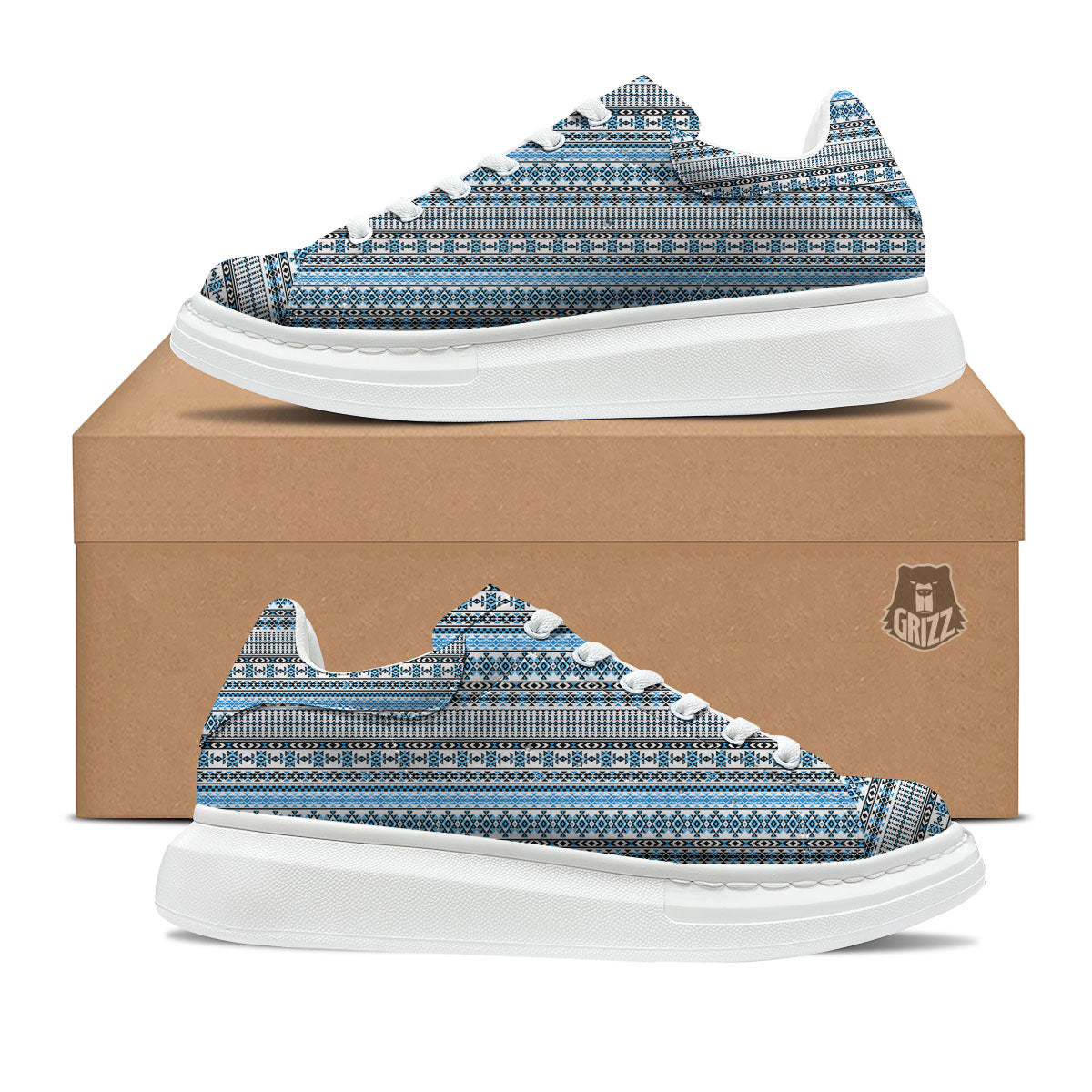 American Aztec Blue Native Print Pattern Platform Shoes-grizzshop
