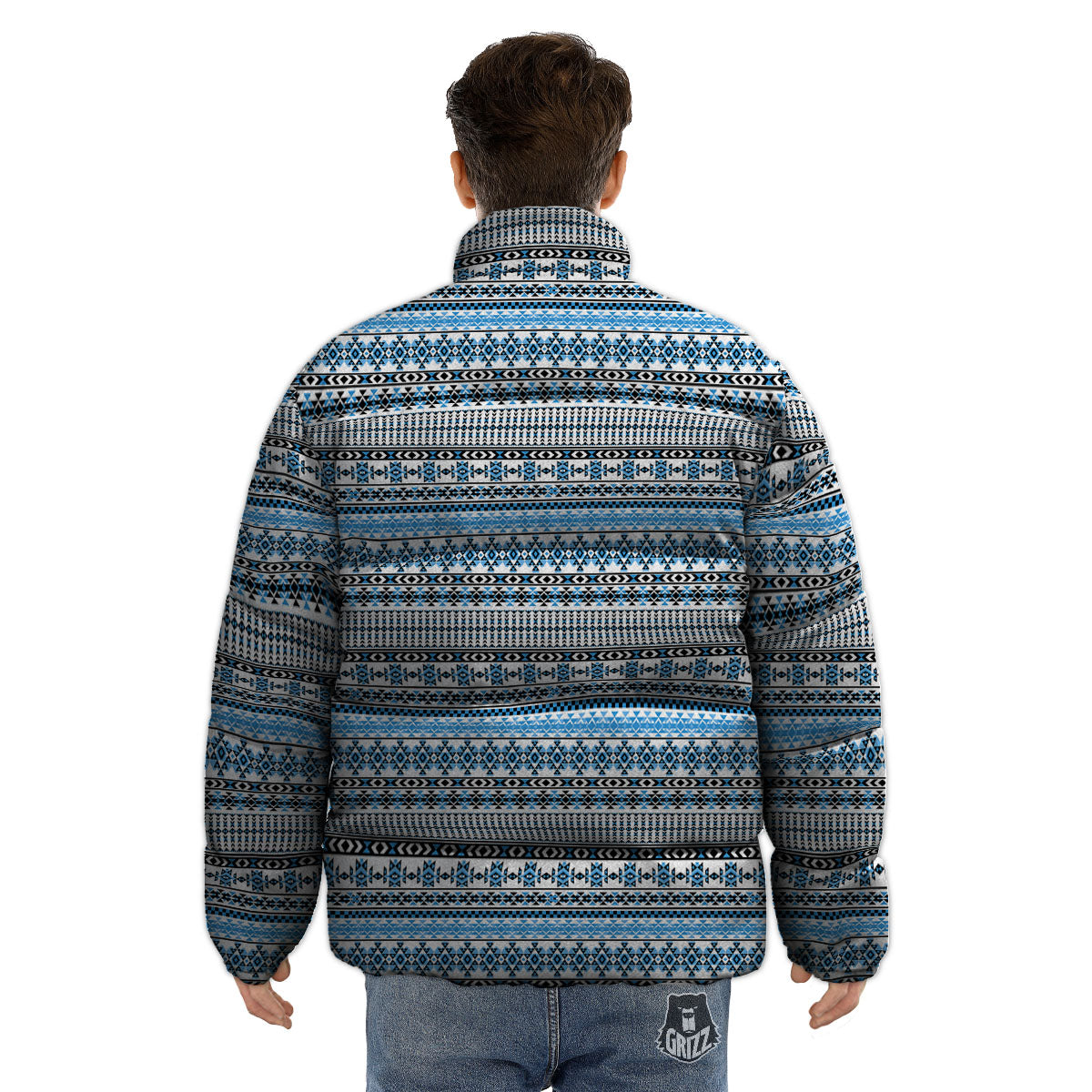 American Aztec Blue Native Print Pattern Puffer Jacket-grizzshop