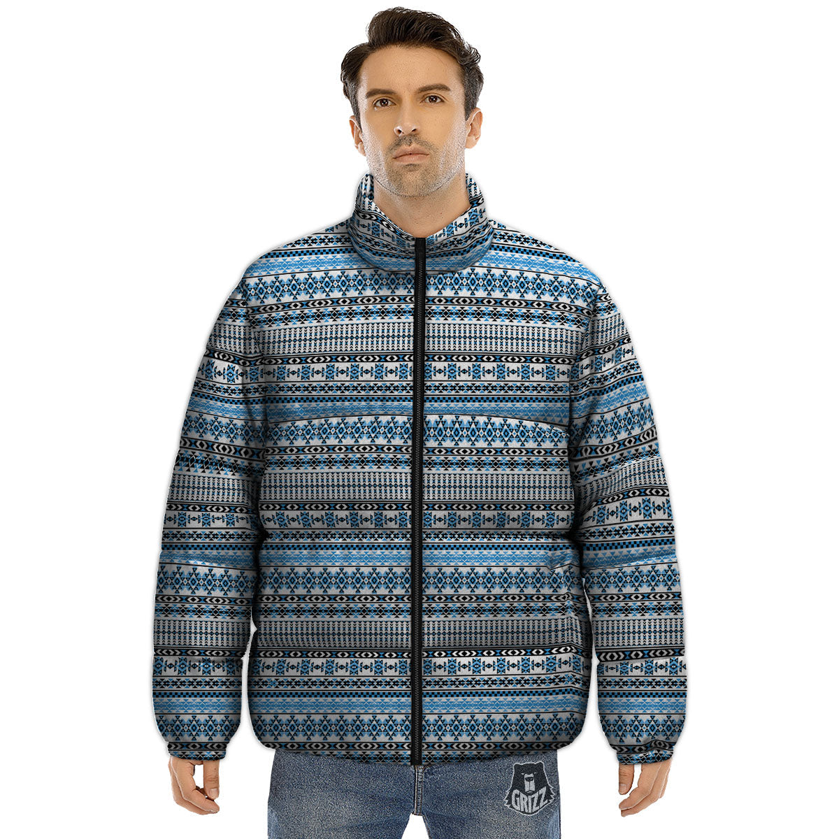 American Aztec Blue Native Print Pattern Puffer Jacket-grizzshop