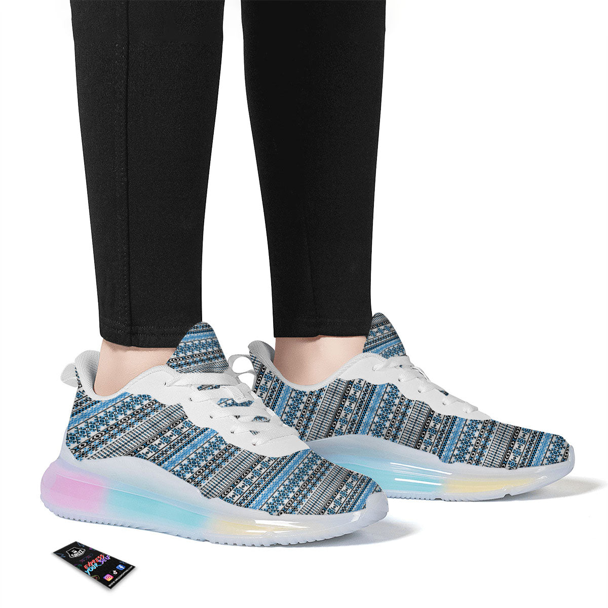 American Aztec Blue Native Print Pattern Running Sneakers-grizzshop
