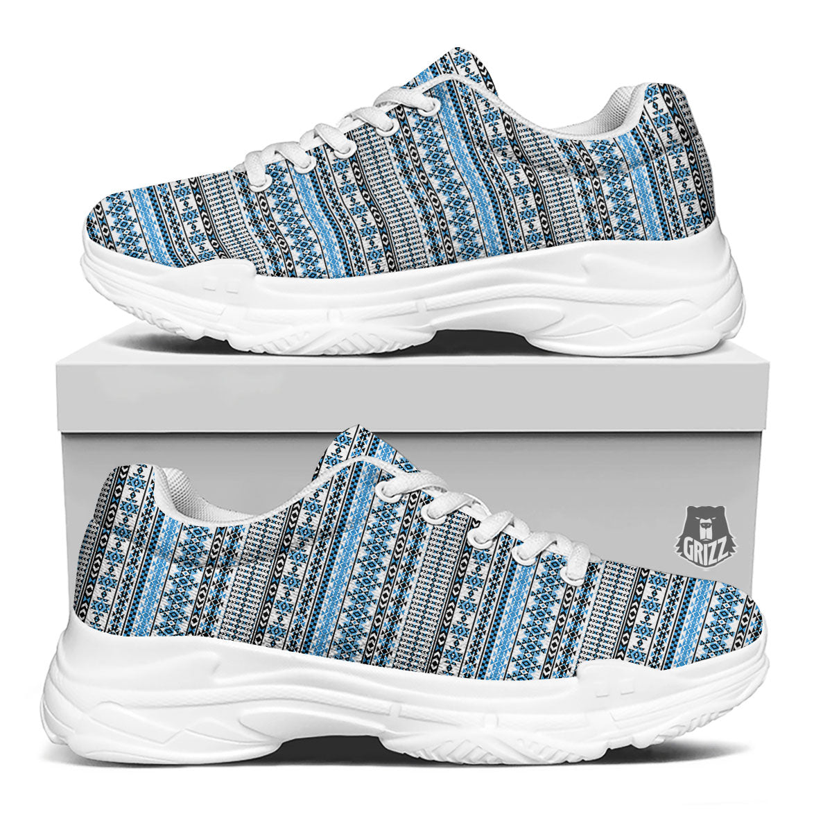 American Aztec Blue Native Print Pattern White Chunky Shoes-grizzshop