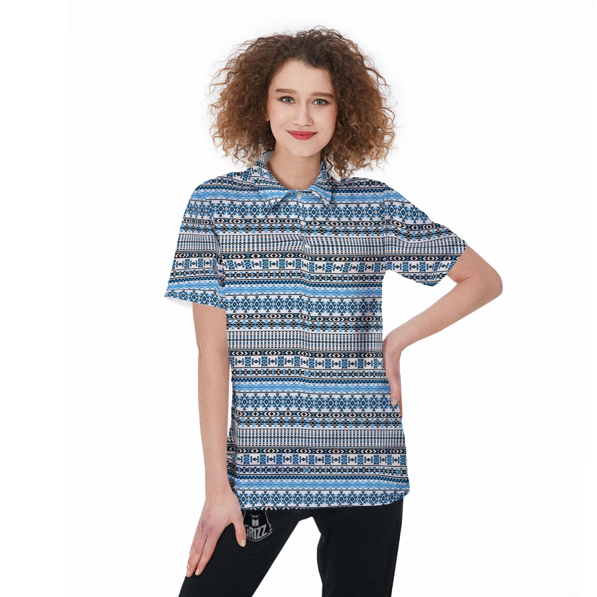 American Aztec Blue Native Print Pattern Women's Golf Shirts-grizzshop