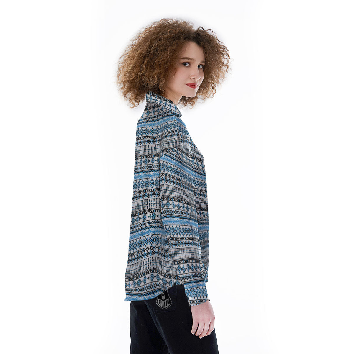 American Aztec Blue Native Print Pattern Women's Long Sleeve Shirts-grizzshop