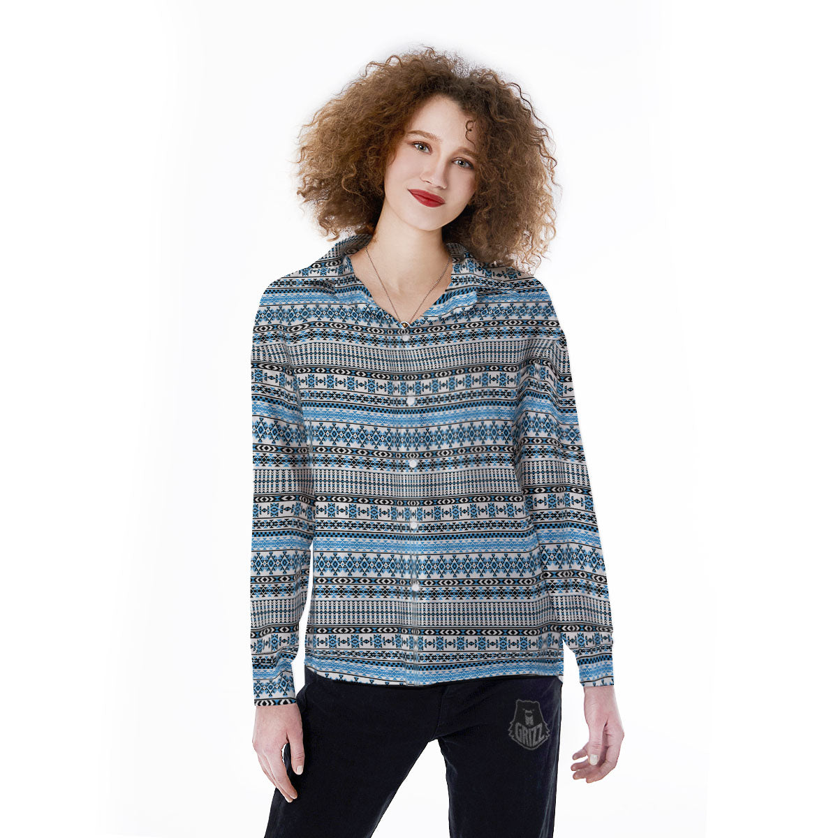 American Aztec Blue Native Print Pattern Women's Long Sleeve Shirts-grizzshop