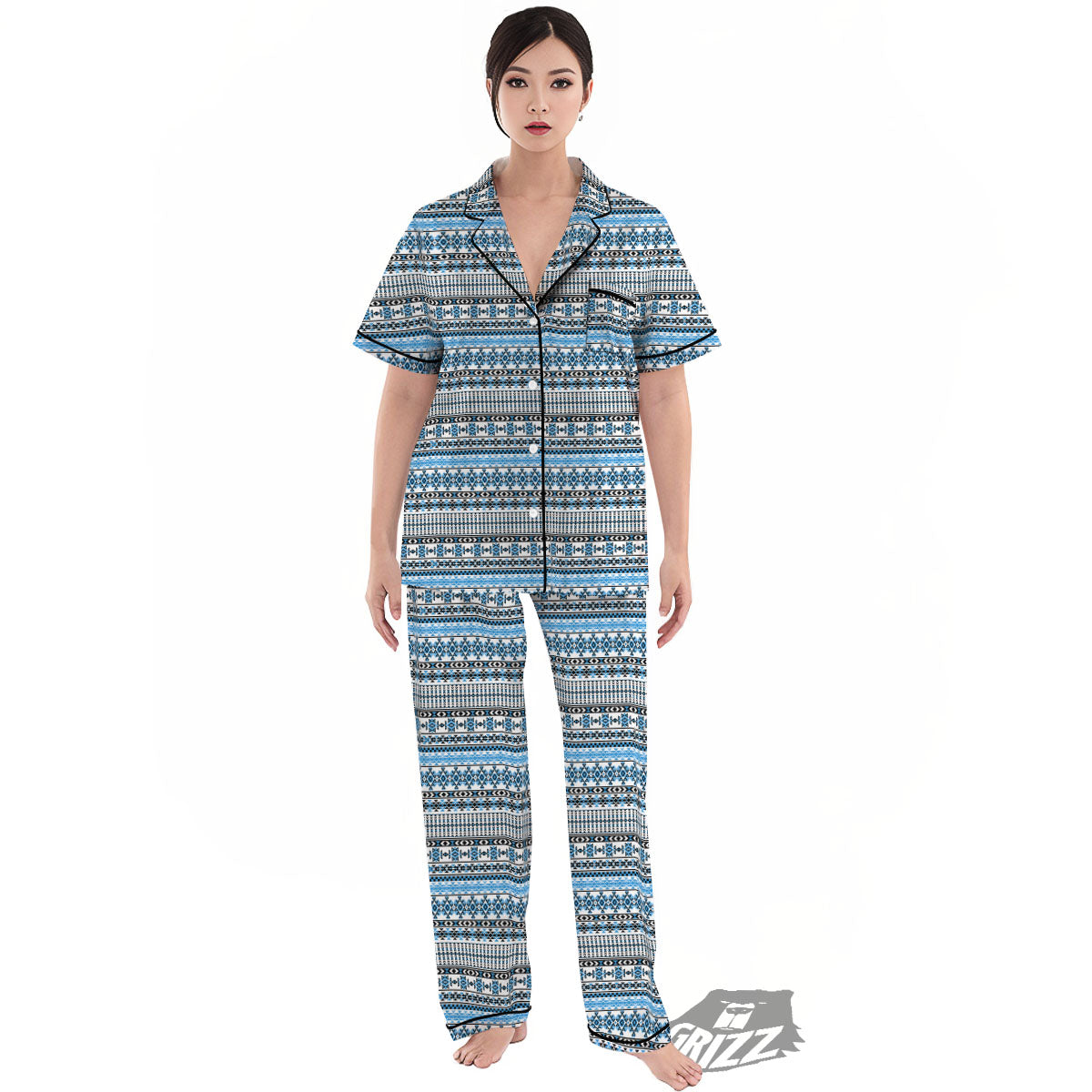 American Aztec Blue Native Print Pattern Women's Pajamas Set-grizzshop