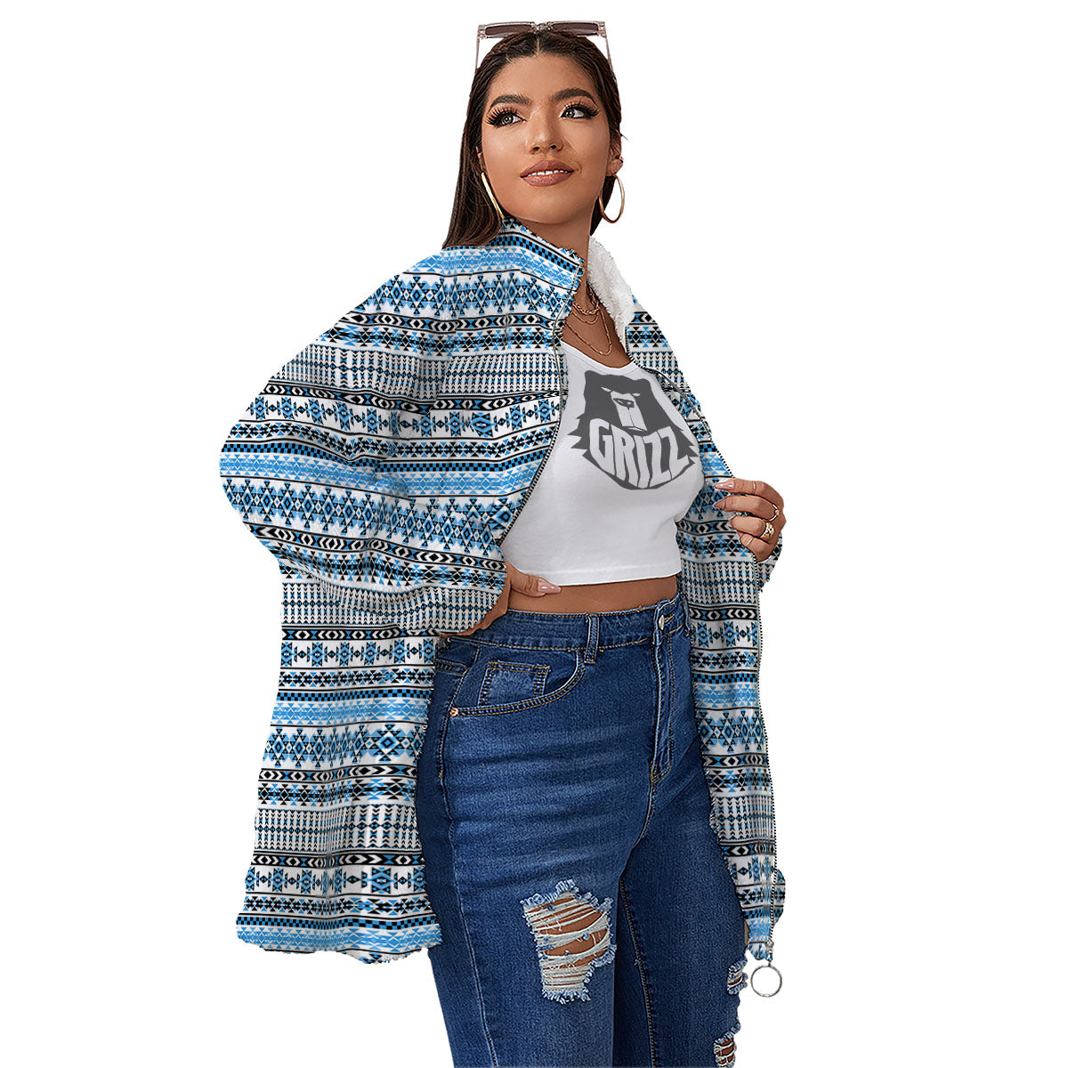 American Aztec Blue Native Print Pattern Women's Sherpa Jacket-grizzshop